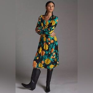 Floral Tie Back Midi Dress Green Long Sleeve V-Neck